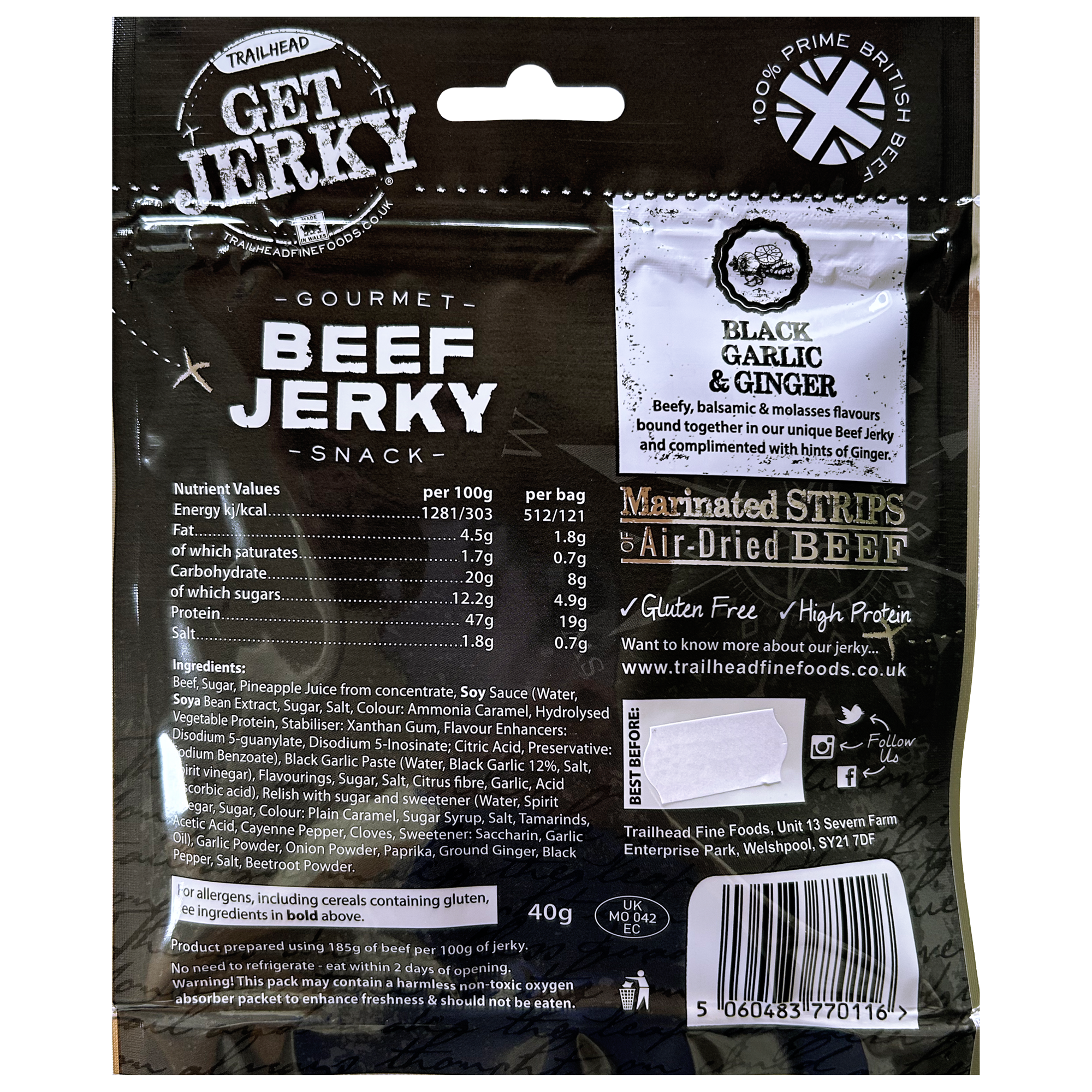 Trailhead Black Garlic & Ginger Beef Jerky (40g)